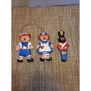 Vintage Hand Painted Ceramic Raggedy Ann & Andy Plus Soldier Holiday Ornaments
